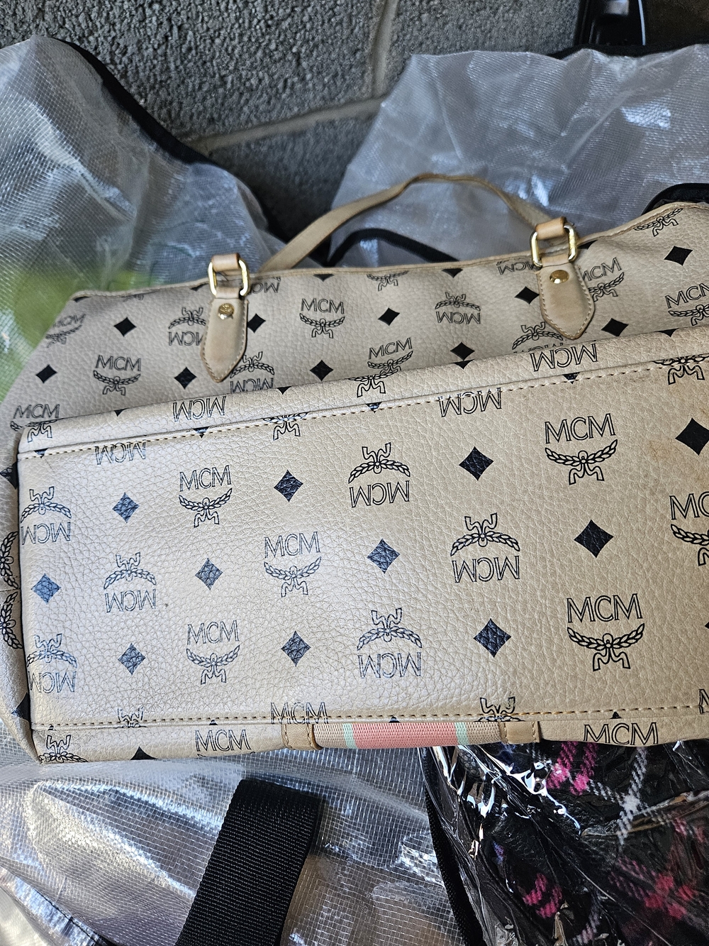 MCM Beige Monogram Tote with Black Logos